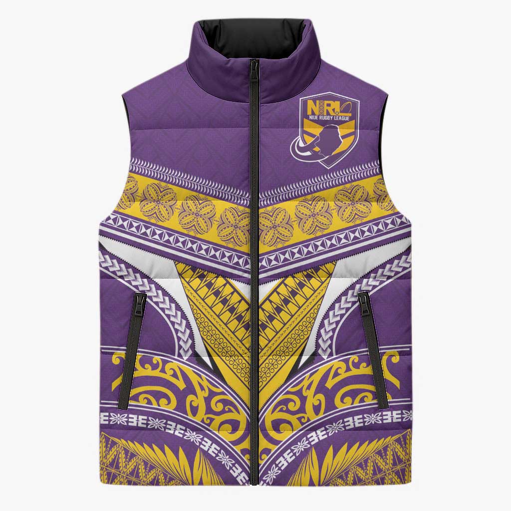 Custom Rugby Niue Sleeveless Puffer Jacket Hiapo Tribal Heritage Tattoos Purple Color LT03 Unisex Purple - Polynesian Pride