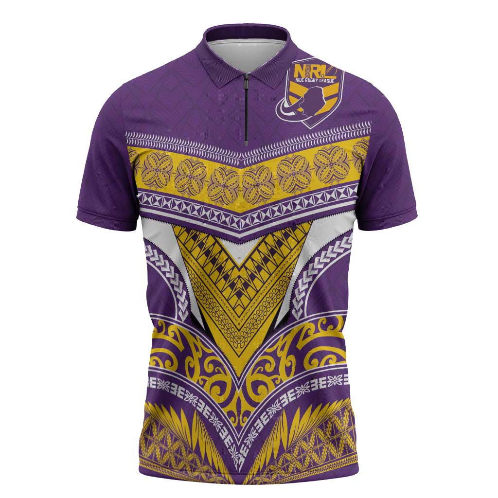 Custom Rugby Niue Zipper Polo Shirt Hiapo Tribal Heritage Tattoos Purple Color LT03 Purple - Polynesian Pride
