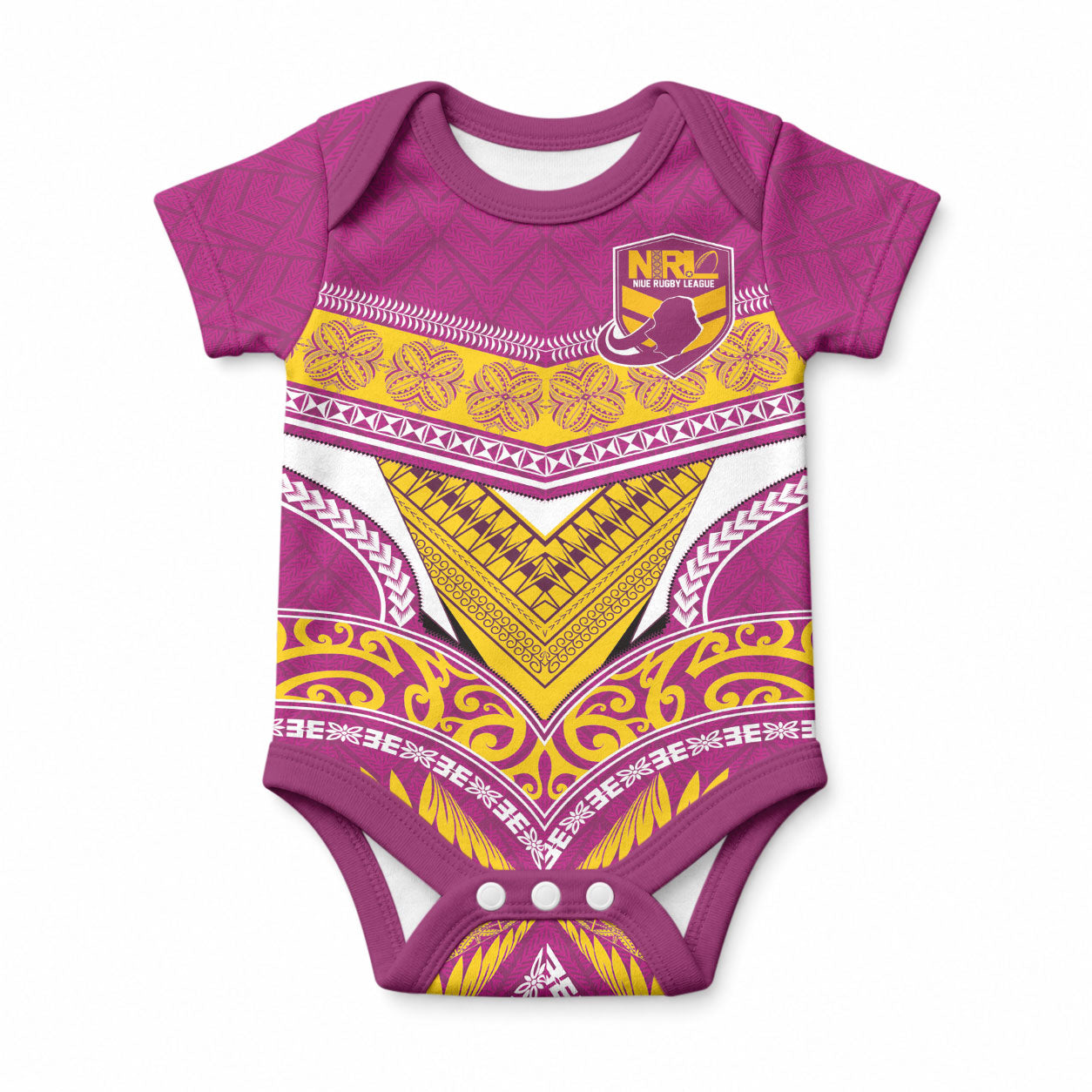Custom Rugby Niue Baby Onesie Hiapo Tribal Heritage Tattoos Pink Color LT03 Pink - Polynesian Pride
