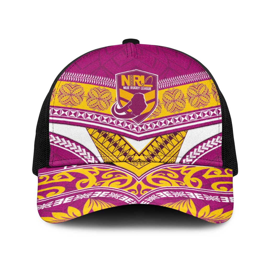 Niue Rugby Baseball Net Cap Hiapo Tribal Heritage Tattoos Pink Color LT03 One Size Black Pink - Polynesian Pride