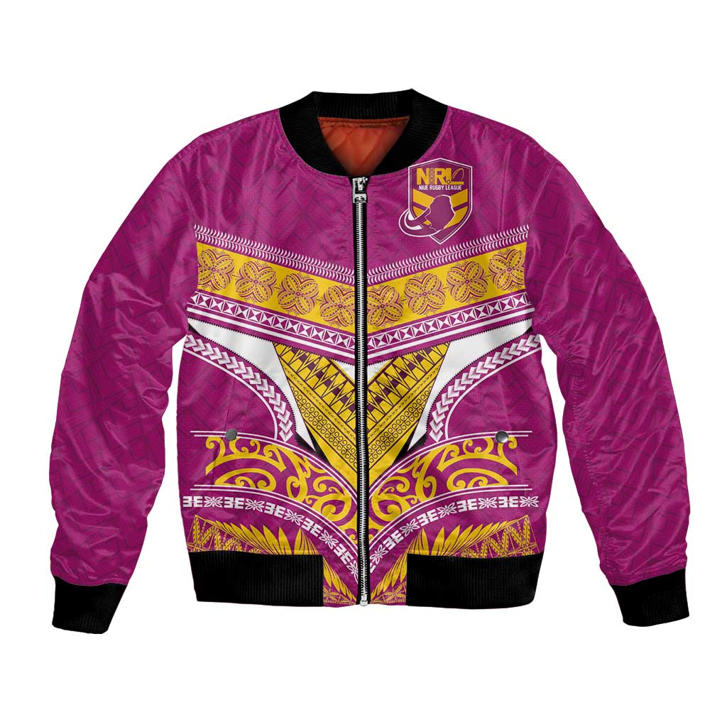 Custom Rugby Niue Bomber Jacket Hiapo Tribal Heritage Tattoos Pink Color LT03 Unisex Pink - Polynesian Pride