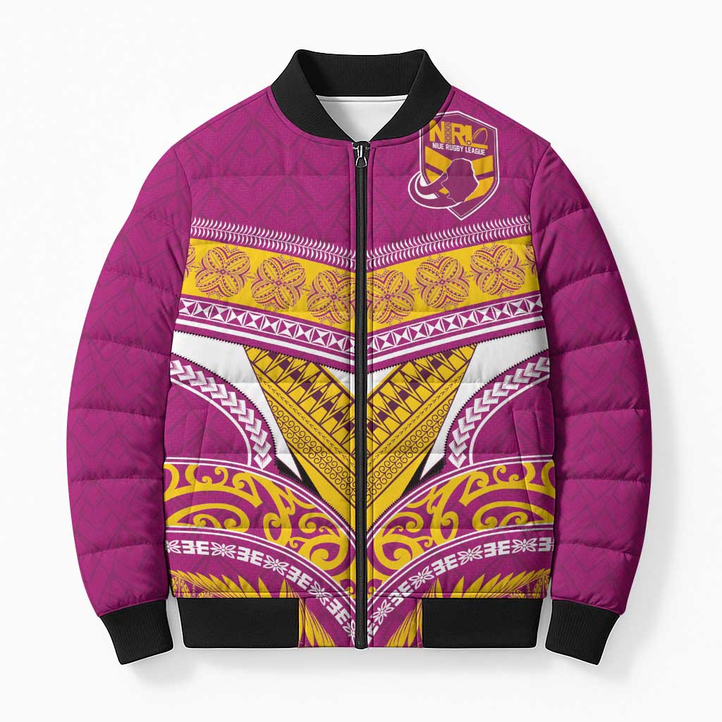 Custom Rugby Niue Bomber Puffer Jacket Hiapo Tribal Heritage Tattoos Pink Color LT03 Unisex Pink - Polynesian Pride