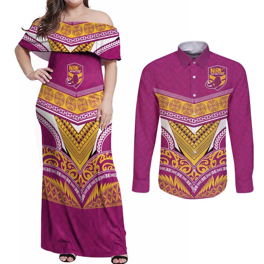 Custom Rugby Niue Couples Matching Off Shoulder Maxi Dress and Long Sleeve Button Shirt Hiapo Tribal Heritage Tattoos Pink Color LT03 Pink - Polynesian Pride