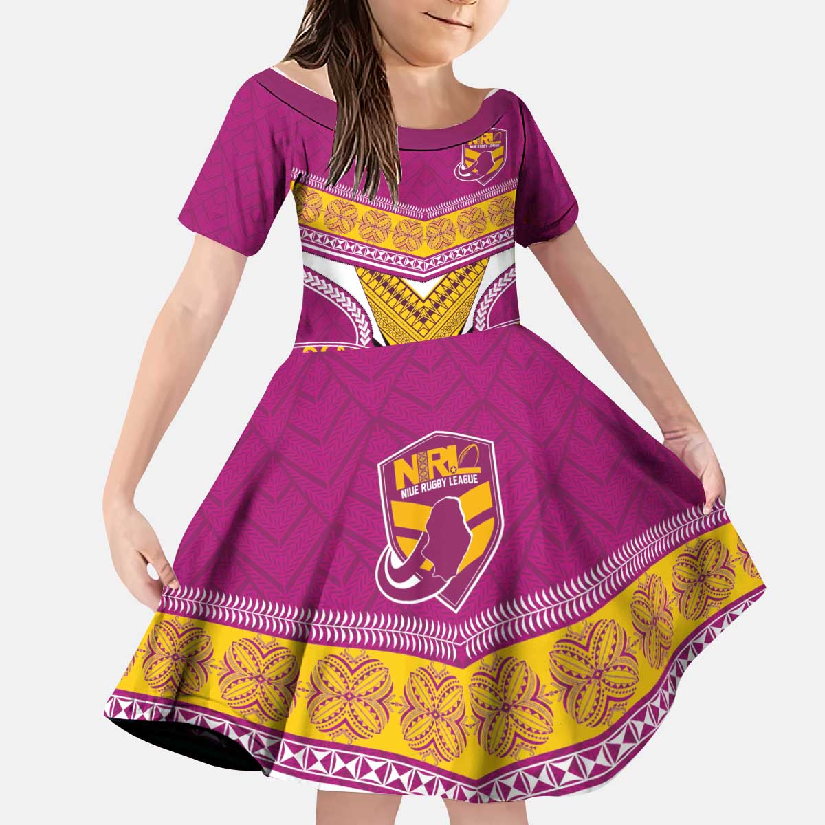 Custom Rugby Niue Kid Short Sleeve Dress Hiapo Tribal Heritage Tattoos Pink Color LT03 KID Pink - Polynesian Pride
