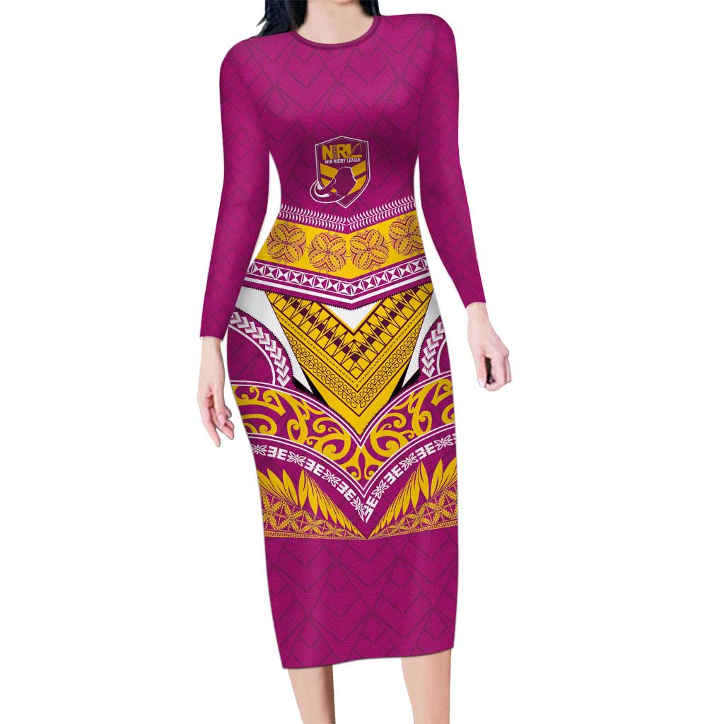 Custom Rugby Niue Long Sleeve Bodycon Dress Hiapo Tribal Heritage Tattoos Pink Color LT03 Long Dress Pink - Polynesian Pride