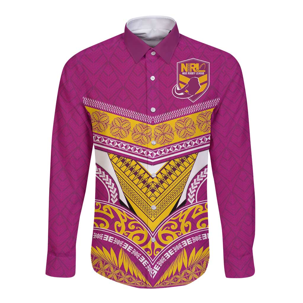 Custom Rugby Niue Long Sleeve Button Shirt Hiapo Tribal Heritage Tattoos Pink Color LT03 Unisex Pink - Polynesian Pride