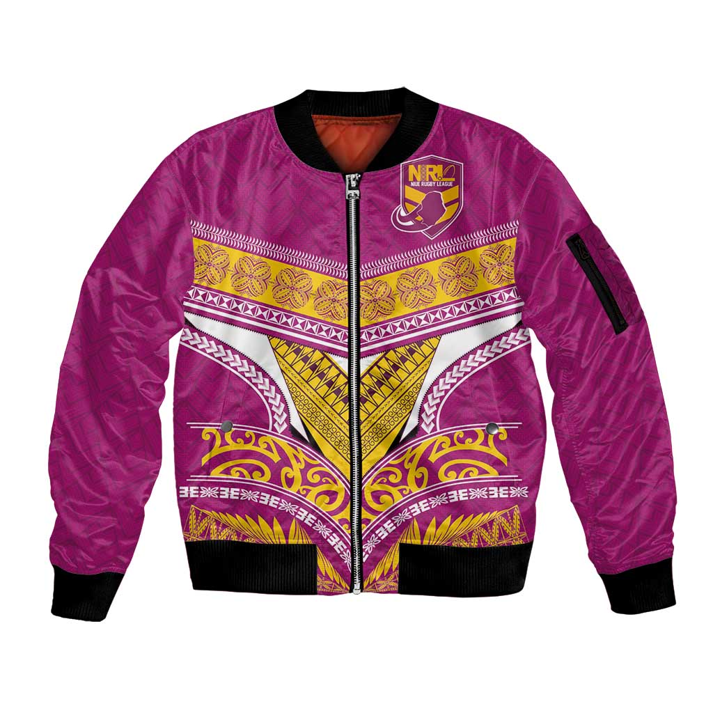Custom Rugby Niue Sleeve Zip Bomber Jacket Hiapo Tribal Heritage Tattoos Pink Color LT03 Unisex Pink - Polynesian Pride