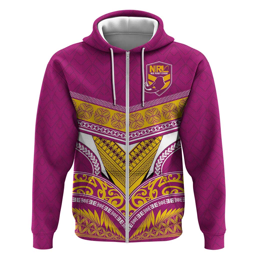 Custom Rugby Niue Zip Hoodie Hiapo Tribal Heritage Tattoos Pink Color LT03 Zip Hoodie Pink - Polynesian Pride