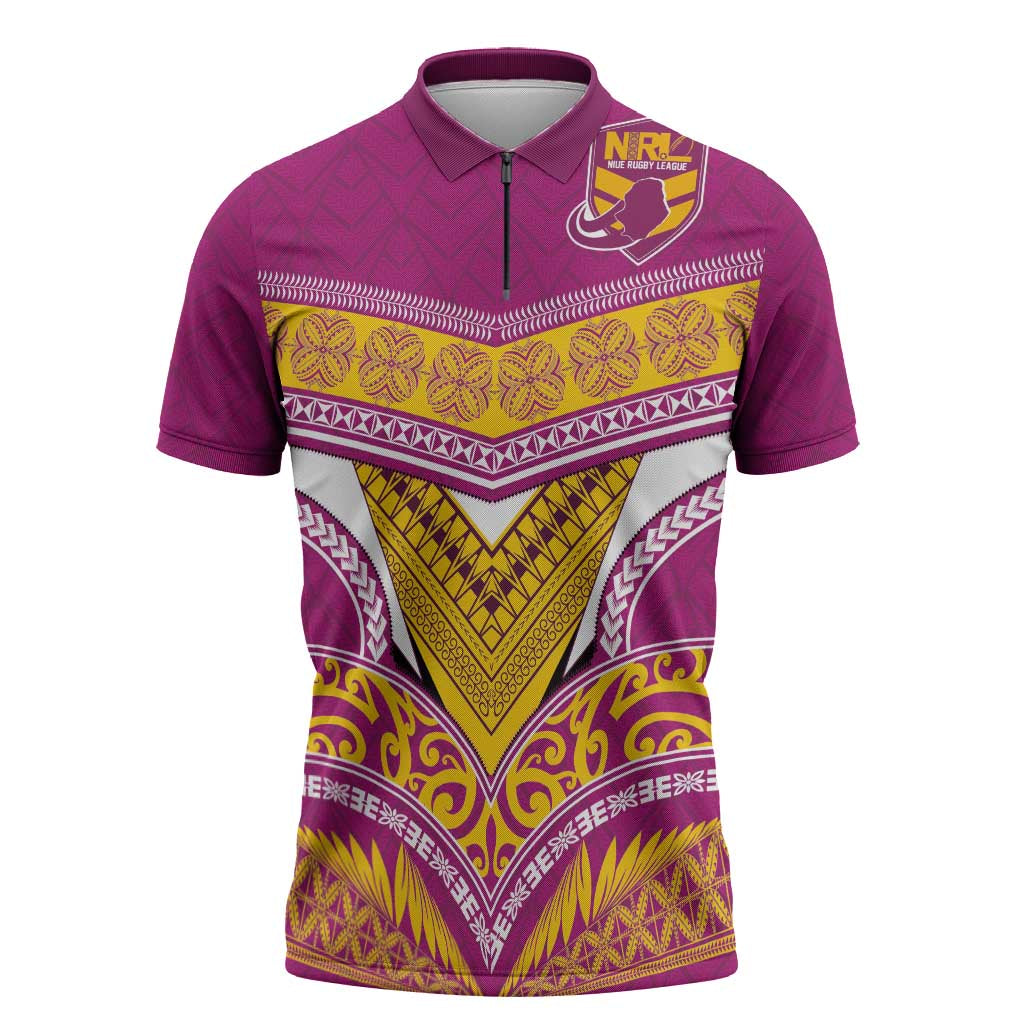 Custom Rugby Niue Zipper Polo Shirt Hiapo Tribal Heritage Tattoos Pink Color LT03 Pink - Polynesian Pride