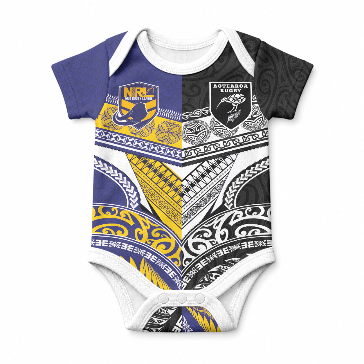 Custom Rugby Niue and Aotearoa Baby Onesie Hiapo with Maori Moko Tribal Heritage Tattoos LT03 Black - Polynesian Pride