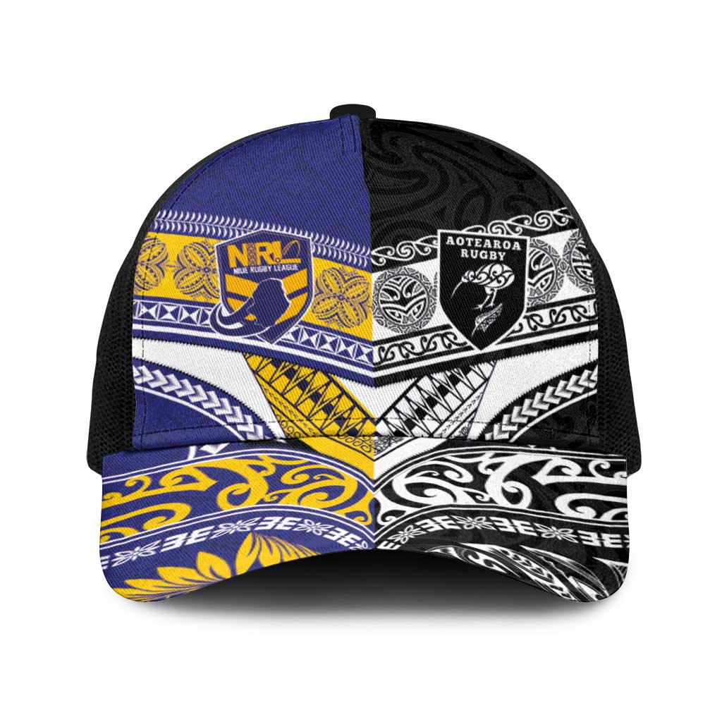 Niue and Aotearoa Rugby Baseball Net Cap Hiapo with Maori Moko Tribal Heritage Tattoos LT03 One Size Black Black - Polynesian Pride