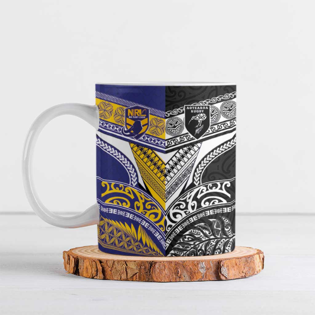 Custom Rugby Niue and Aotearoa Ceramic Mug Hiapo with Maori Moko Tribal Heritage Tattoos LT03 Black - Polynesian Pride