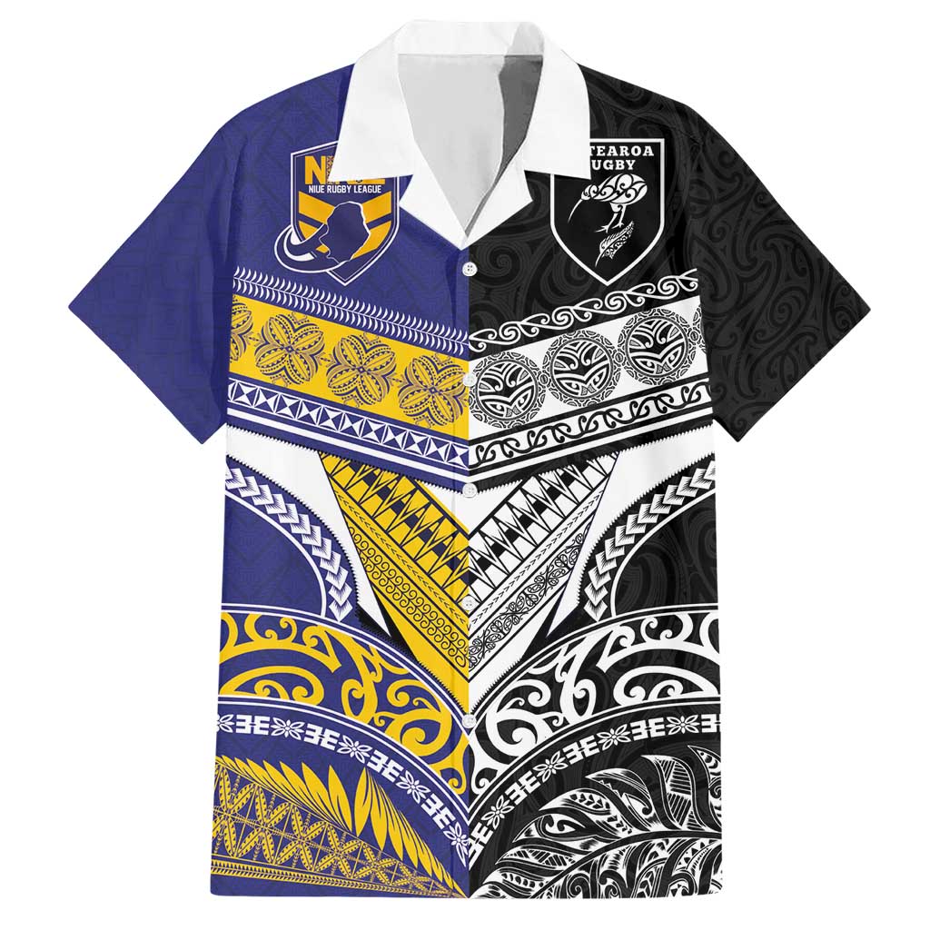 Custom Rugby Niue and Aotearoa Hawaiian Shirt Hiapo with Maori Moko Tribal Heritage Tattoos LT03 Black - Polynesian Pride
