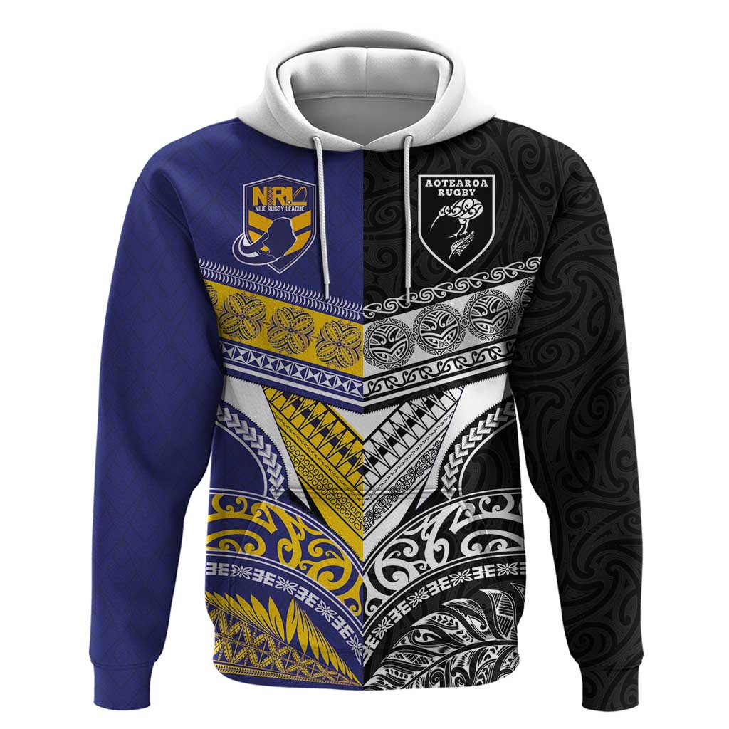 Custom Rugby Niue and Aotearoa Hoodie Hiapo with Maori Moko Tribal Heritage Tattoos LT03 Pullover Hoodie Black - Polynesian Pride
