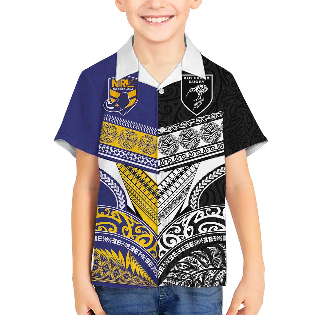 Custom Rugby Niue and Aotearoa Kid Hawaiian Shirt Hiapo with Maori Moko Tribal Heritage Tattoos LT03 Kid Black - Polynesian Pride