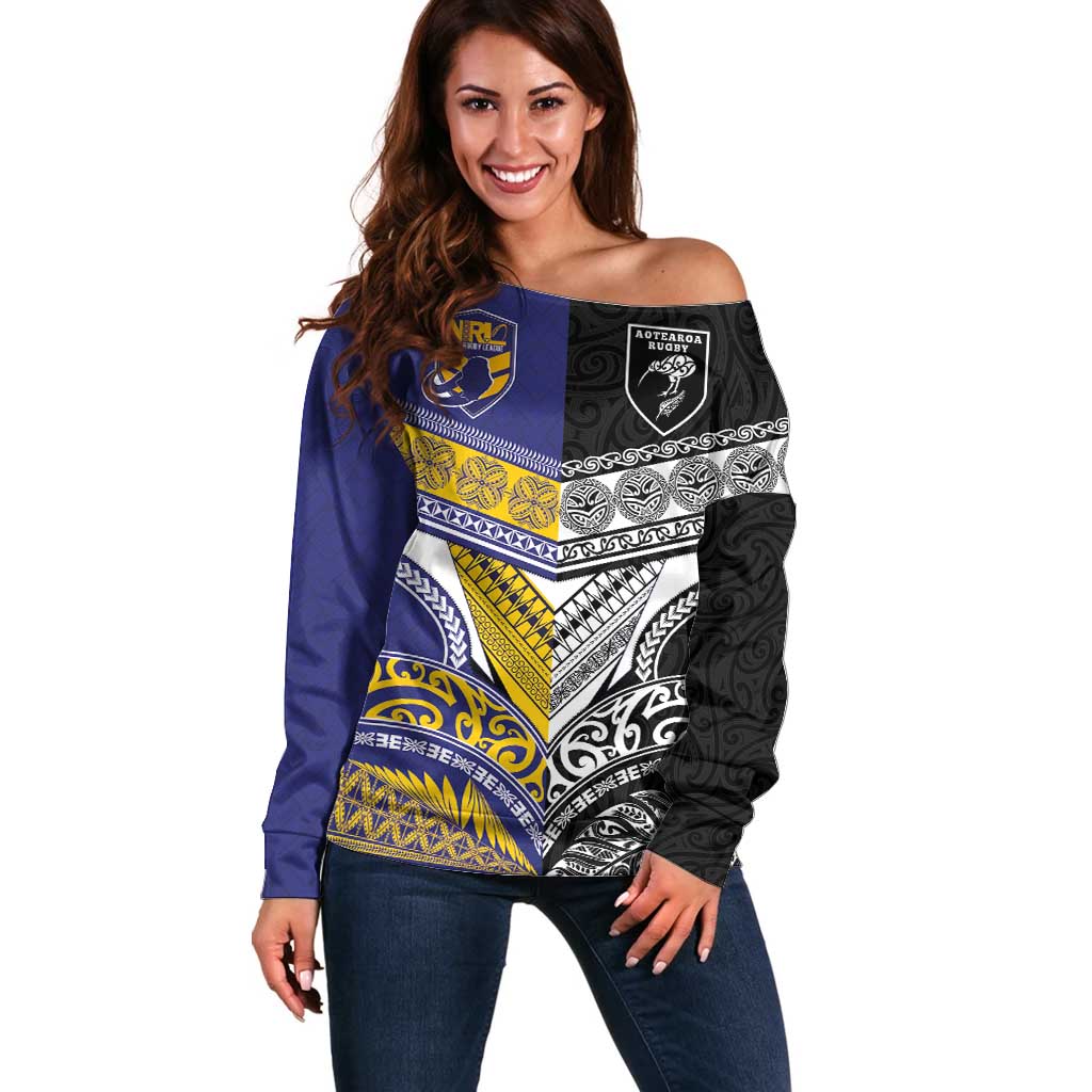 Custom Rugby Niue and Aotearoa Off Shoulder Sweater Hiapo with Maori Moko Tribal Heritage Tattoos LT03 Women Black - Polynesian Pride