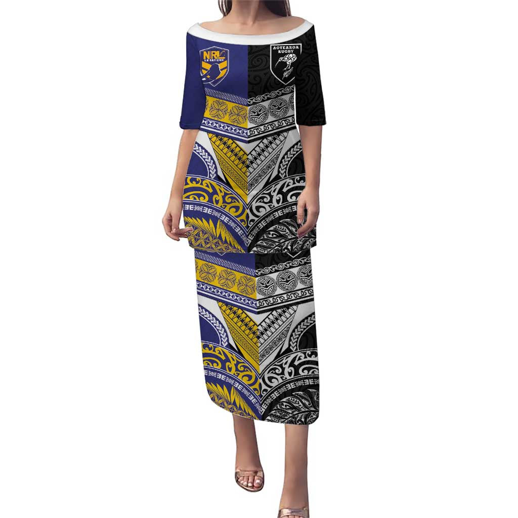 Custom Rugby Niue and Aotearoa Puletasi Hiapo with Maori Moko Tribal Heritage Tattoos LT03 Long Dress Black - Polynesian Pride