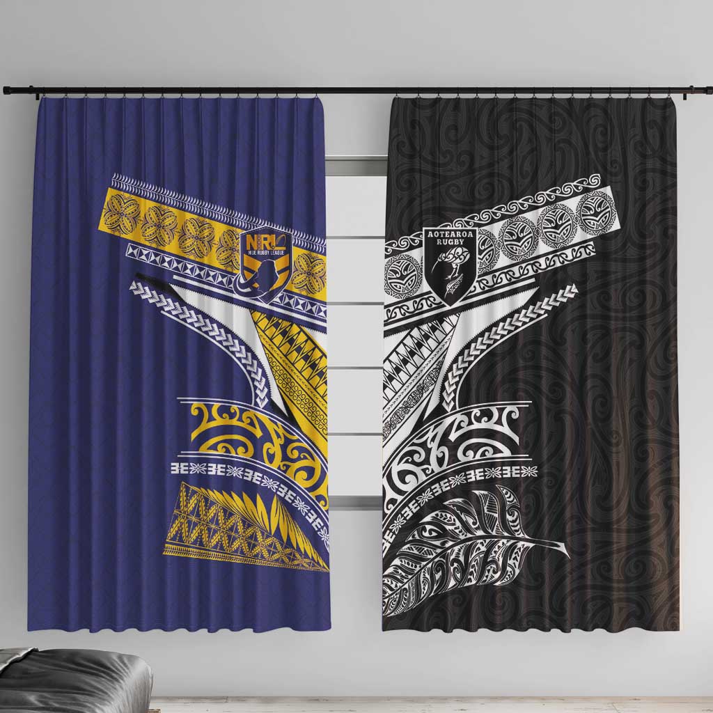 Rugby Niue and Aotearoa Window Curtain Hiapo with Maori Moko Tribal Heritage Tattoos LT03 With Hooks Black - Polynesian Pride