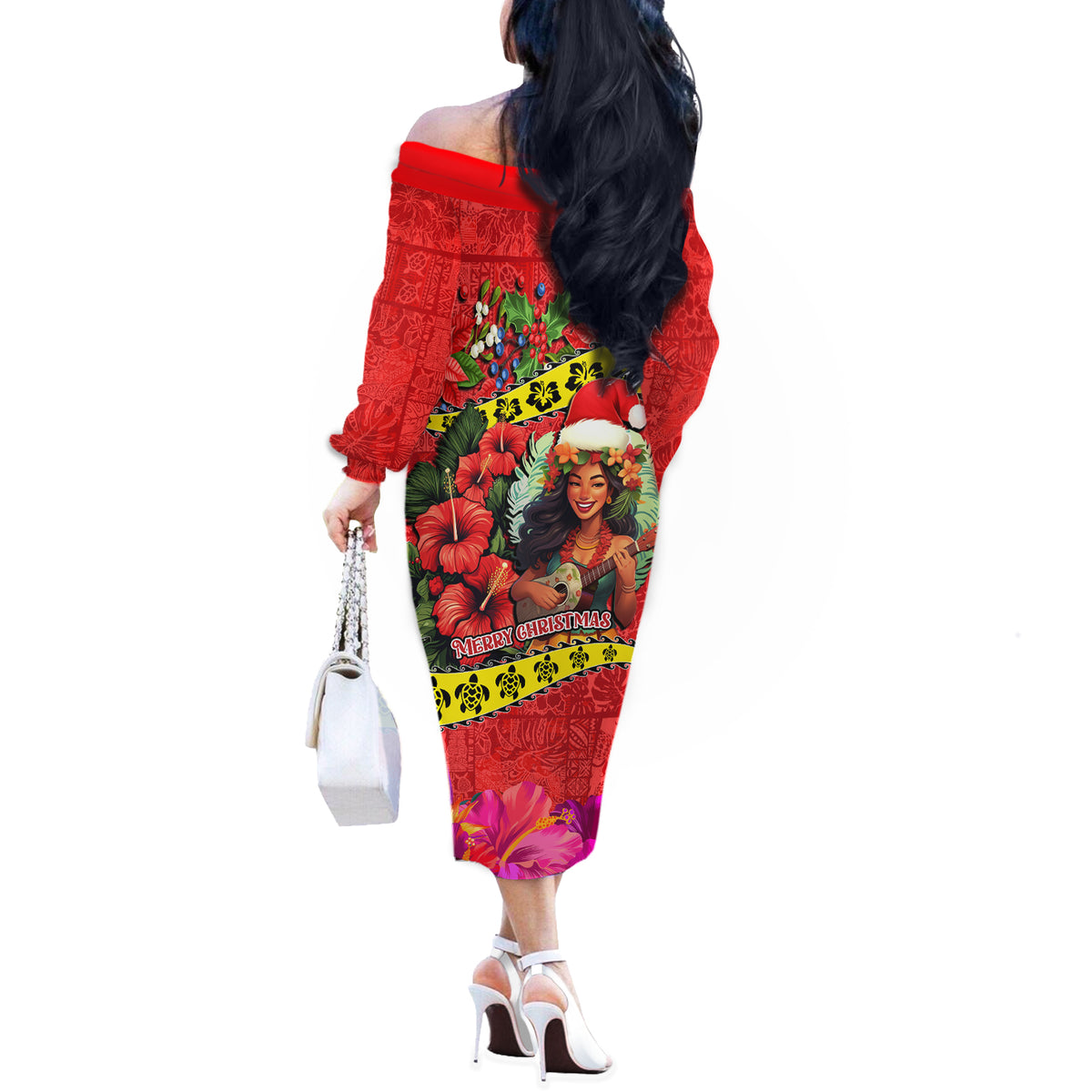 hawaiian christmas dress Hawaii Off The Shoulder Long Sleeve Hula Girl Hibiscus By Anthropologie Faux Leather Printed on both sides Style:ES00237DN POS/tempwebcloseout