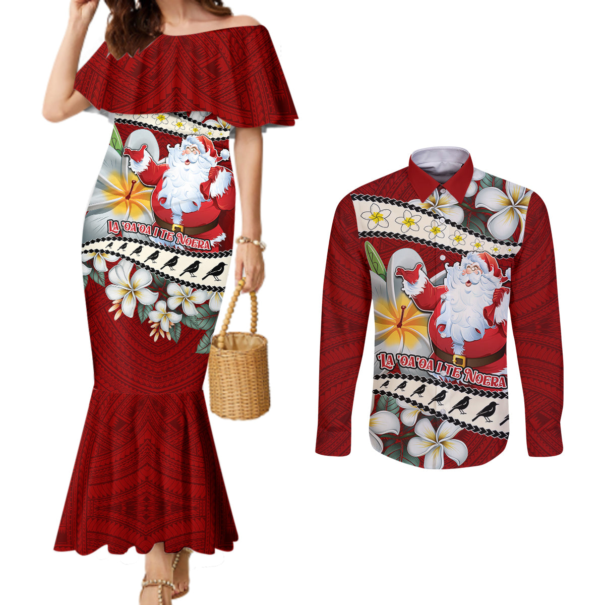 Tahiti Christmas Couples Matching Mermaid Dress and Long Sleeve Button Shirt Tiare Flowers and Pomarea Nigra with Polynesian Pattern LT03 Red - Polynesian Pride