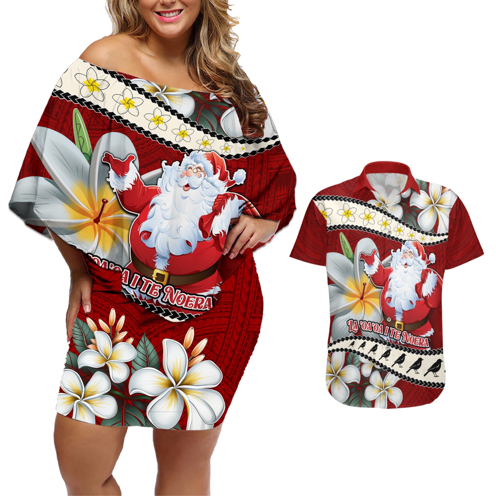 Tahiti Christmas Couples Matching Off Shoulder Short Dress and Hawaiian Shirt Tiare Flowers and Pomarea Nigra with Polynesian Pattern LT03 Red - Polynesian Pride