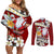 Tahiti Christmas Couples Matching Off Shoulder Short Dress and Long Sleeve Button Shirt Tiare Flowers and Pomarea Nigra with Polynesian Pattern LT03 Red - Polynesian Pride