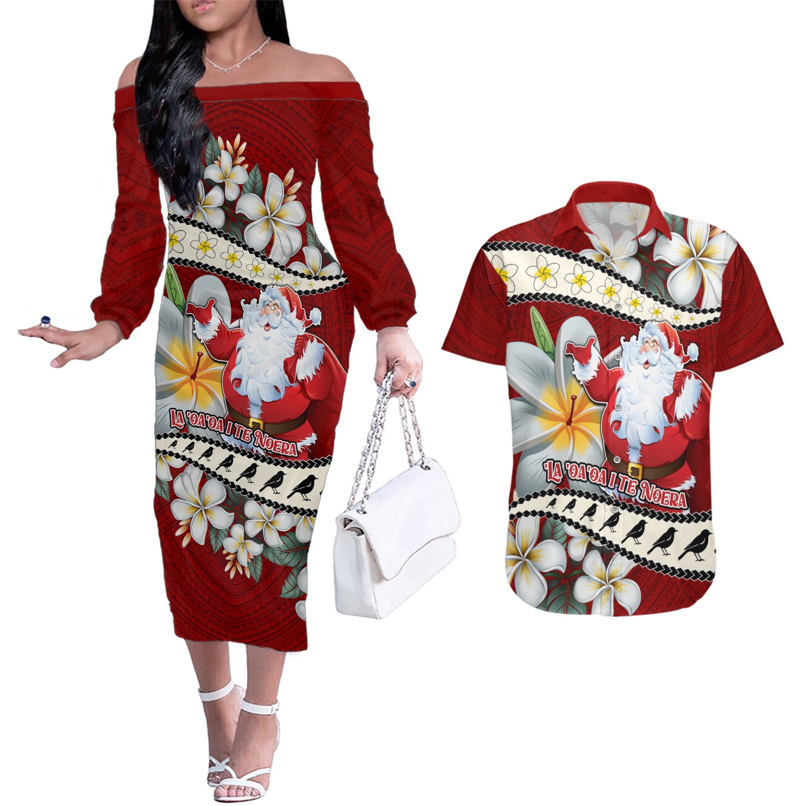 Tahiti Christmas Couples Matching Off The Shoulder Long Sleeve Dress and Hawaiian Shirt Tiare Flowers and Pomarea Nigra with Polynesian Pattern LT03 Red - Polynesian Pride