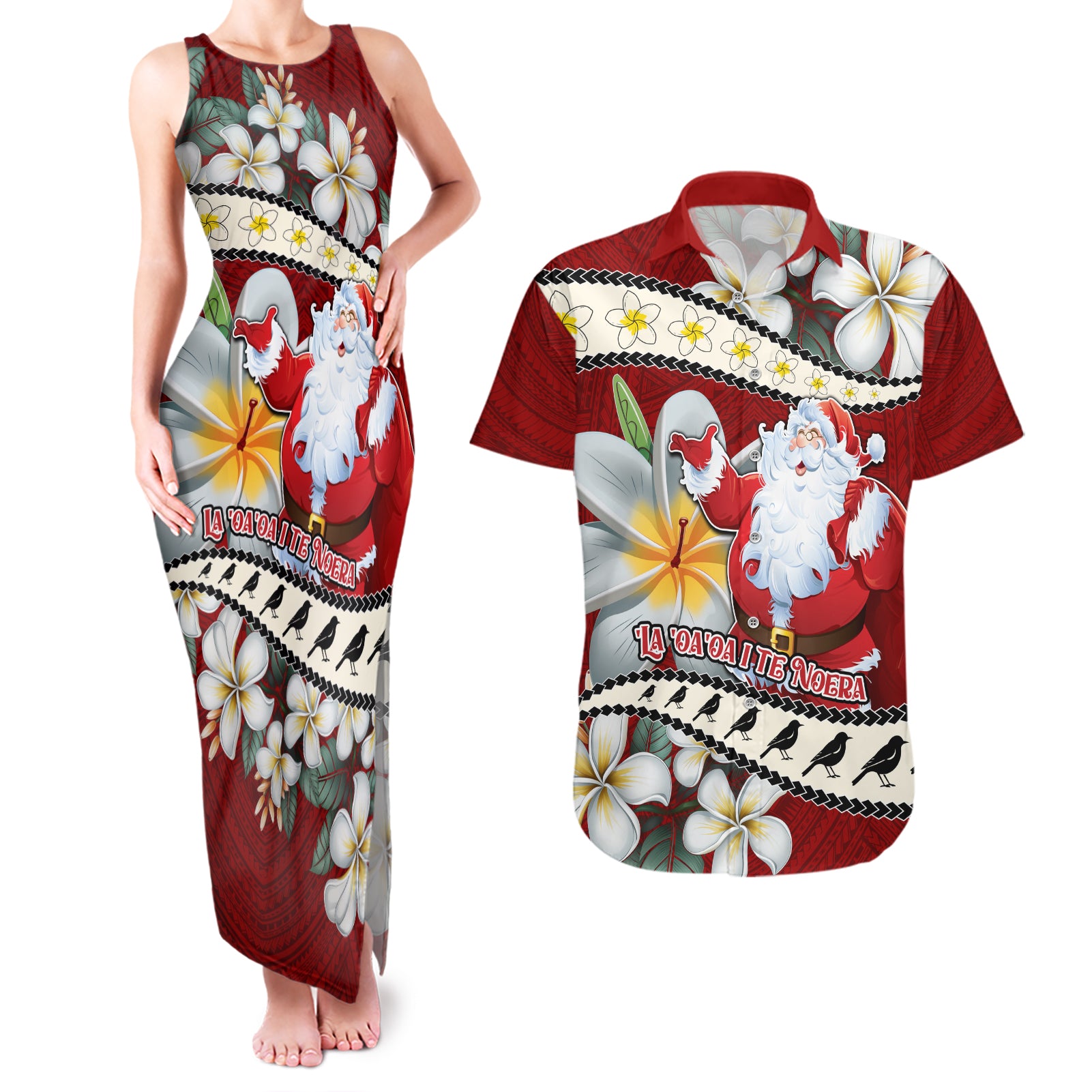 Tahiti Christmas Couples Matching Tank Maxi Dress and Hawaiian Shirt Tiare Flowers and Pomarea Nigra with Polynesian Pattern LT03 Red - Polynesian Pride