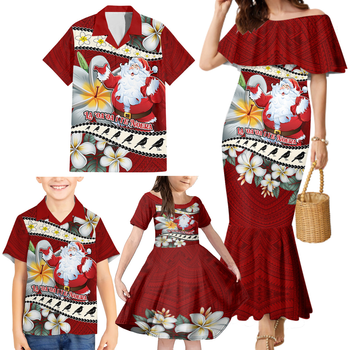 Tahiti Christmas Family Matching Mermaid Dress and Hawaiian Shirt Tiare Flowers and Pomarea Nigra with Polynesian Pattern LT03 - Polynesian Pride