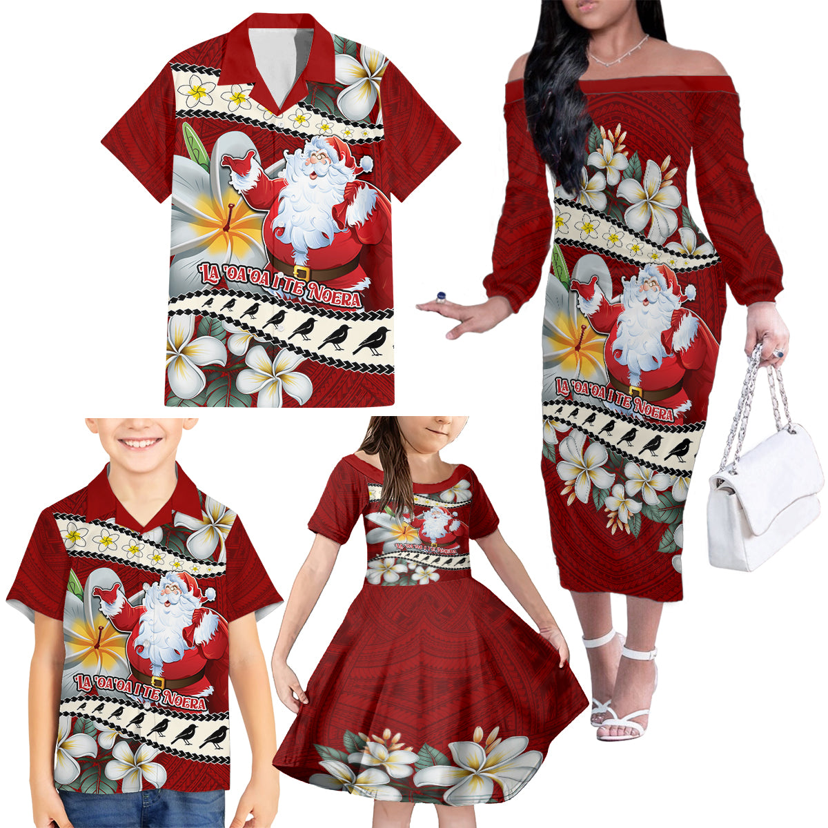 Tahiti Christmas Family Matching Off Shoulder Long Sleeve Dress and Hawaiian Shirt Tiare Flowers and Pomarea Nigra with Polynesian Pattern LT03 - Polynesian Pride