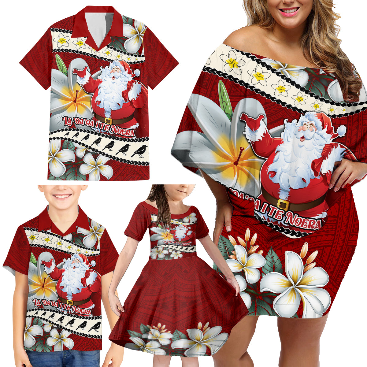 Tahiti Christmas Family Matching Off Shoulder Short Dress and Hawaiian Shirt Tiare Flowers and Pomarea Nigra with Polynesian Pattern LT03 - Polynesian Pride