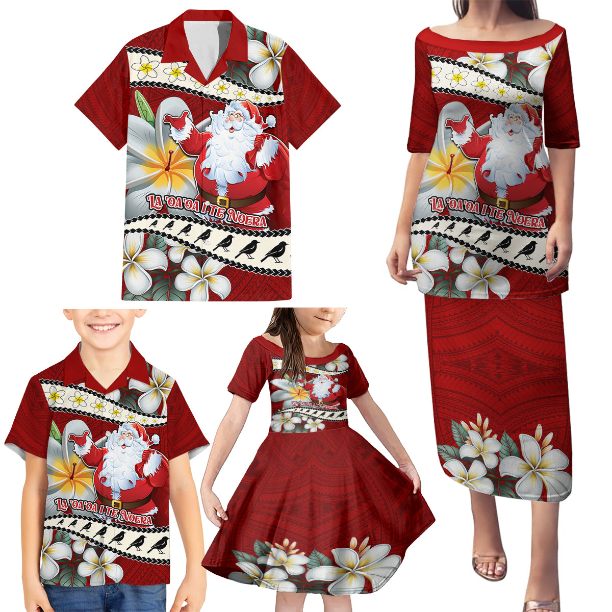 Tahiti Christmas Family Matching Puletasi Dress and Hawaiian Shirt Tiare Flowers and Pomarea Nigra with Polynesian Pattern LT03 - Polynesian Pride