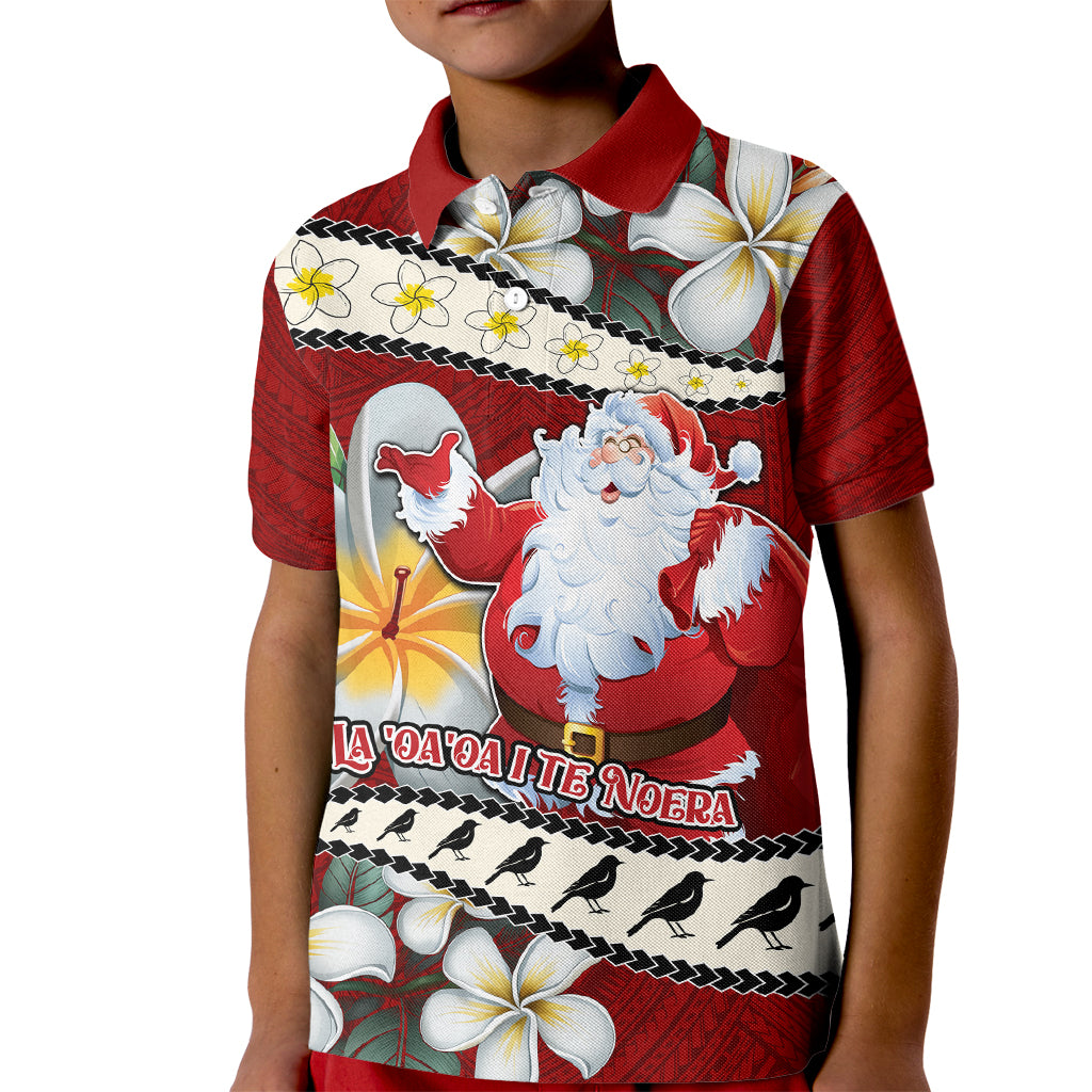 Tahiti Christmas Kid Polo Shirt Tiare Flowers and Pomarea Nigra with Polynesian Pattern LT03 Kid Red - Polynesian Pride