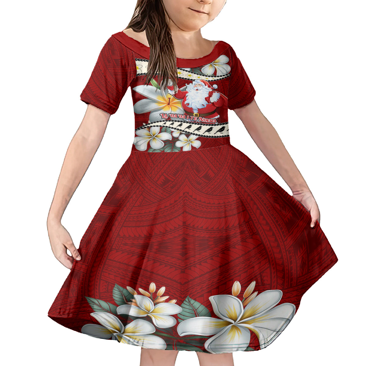 Tahiti Christmas Kid Short Sleeve Dress Tiare Flowers and Pomarea Nigra with Polynesian Pattern LT03 KID Red - Polynesian Pride