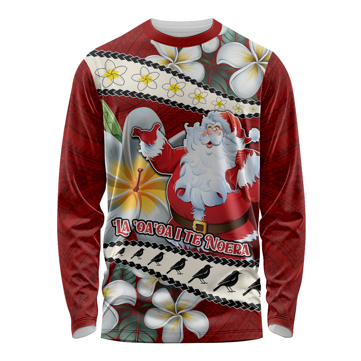 Tahiti Christmas Long Sleeve Shirt Tiare Flowers and Pomarea Nigra with Polynesian Pattern LT03 Unisex Red - Polynesian Pride