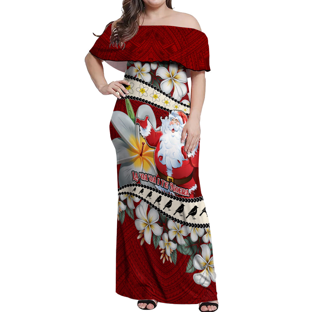 Tahiti Christmas Off Shoulder Maxi Dress Tiare Flowers and Pomarea Nigra with Polynesian Pattern LT03 Women Red - Polynesian Pride