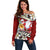 Tahiti Christmas Off Shoulder Sweater Tiare Flowers and Pomarea Nigra with Polynesian Pattern LT03 Women Red - Polynesian Pride