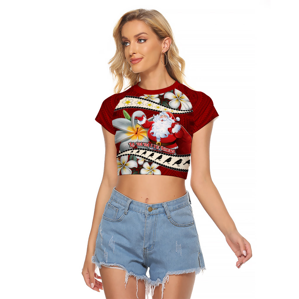 Tahiti Christmas Raglan Cropped T Shirt Tiare Flowers and Pomarea Nigra with Polynesian Pattern LT03 Female Red - Polynesian Pride