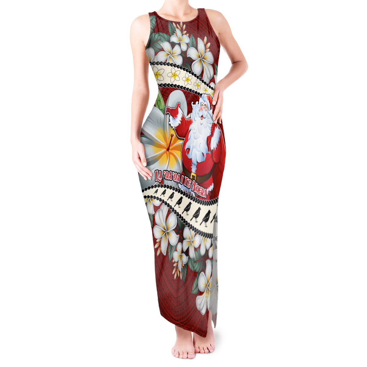 Tahiti Christmas Tank Maxi Dress Tiare Flowers and Pomarea Nigra with Polynesian Pattern LT03 Women Red - Polynesian Pride