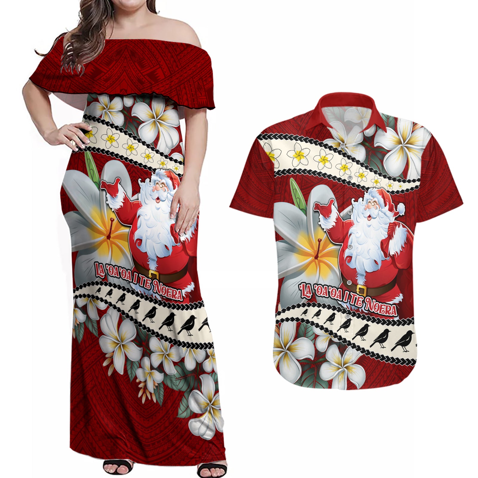 Personalised Tahiti Christmas Couples Matching Off Shoulder Maxi Dress and Hawaiian Shirt Tiare Flowers and Pomarea Nigra with Polynesian Pattern LT03 Red - Polynesian Pride