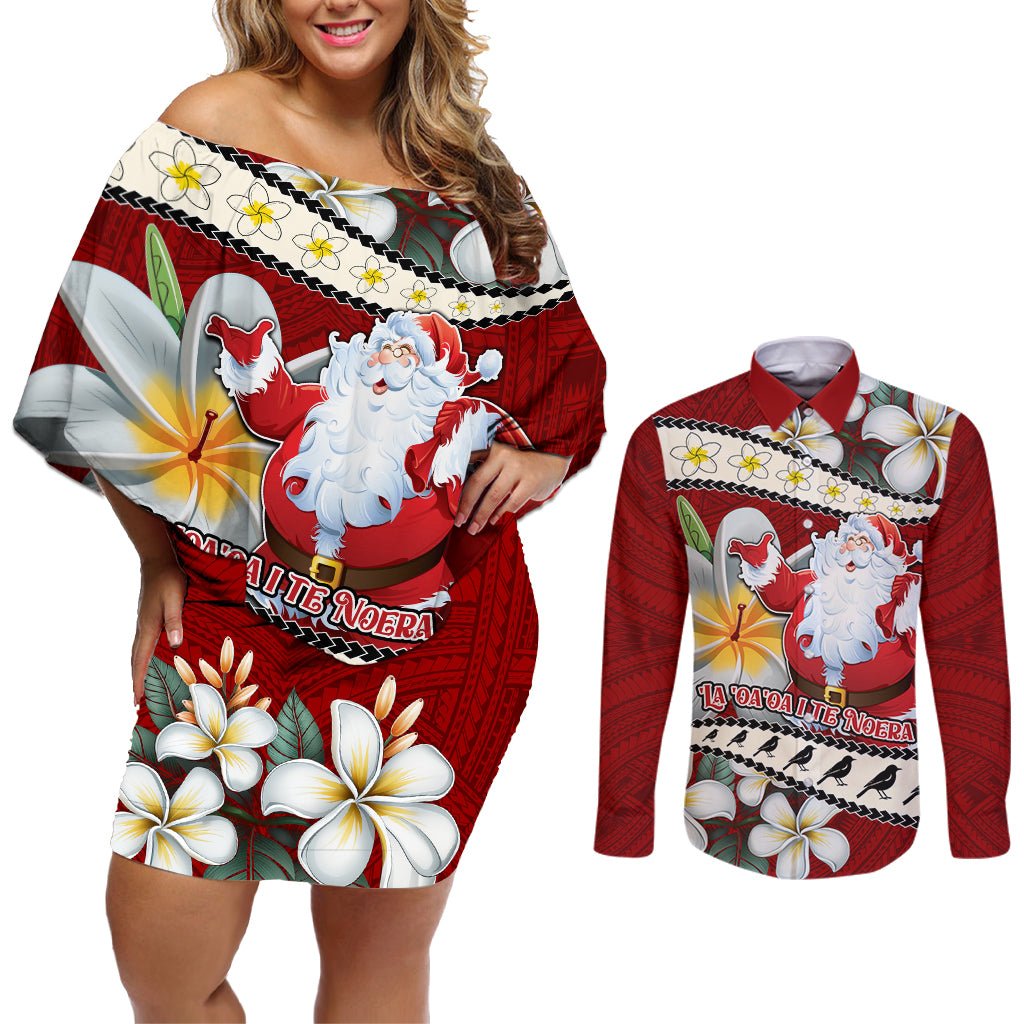 Personalised Tahiti Christmas Couples Matching Off Shoulder Short Dress and Long Sleeve Button Shirt Tiare Flowers and Pomarea Nigra with Polynesian Pattern LT03 Red - Polynesian Pride