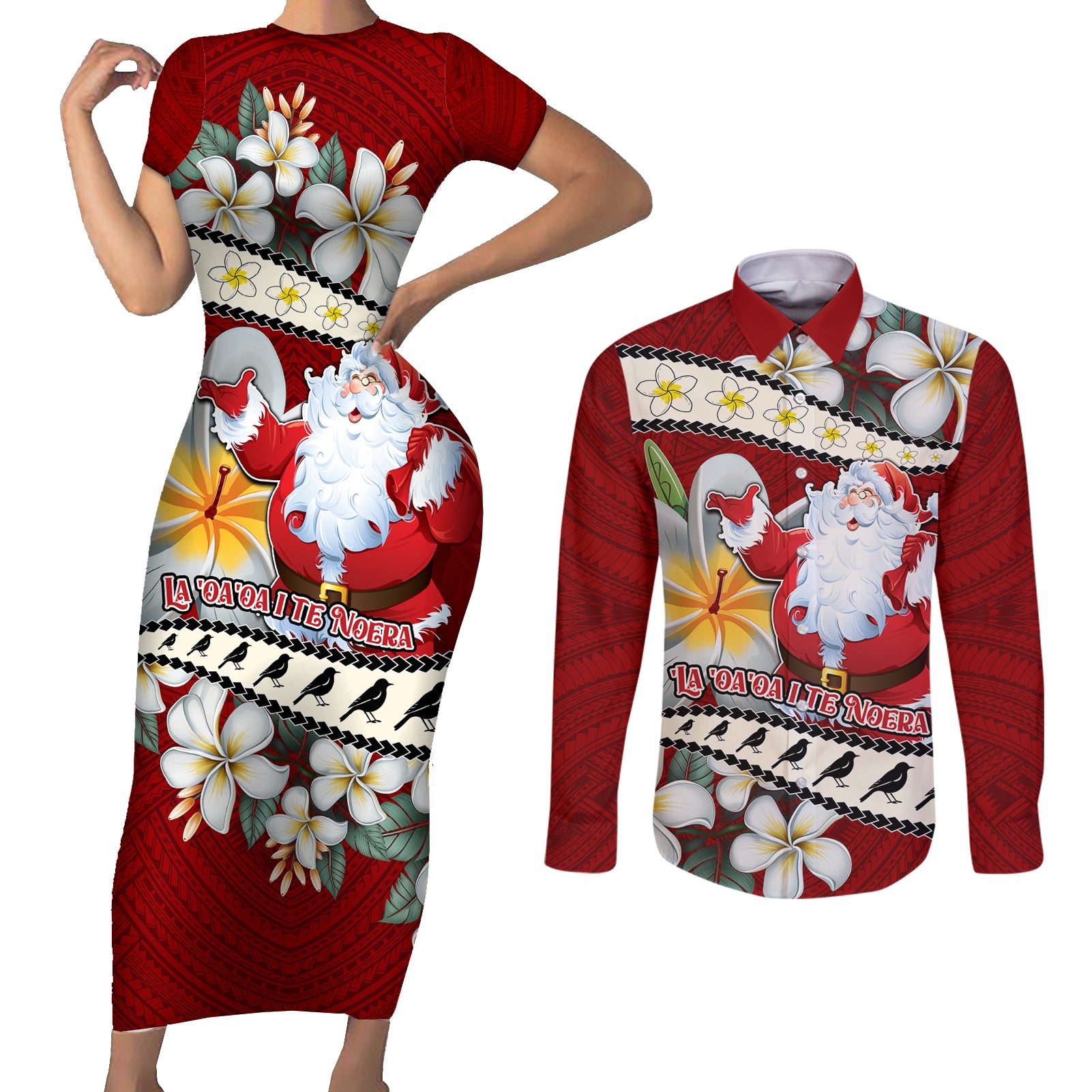 Personalised Tahiti Christmas Couples Matching Short Sleeve Bodycon Dress and Long Sleeve Button Shirt Tiare Flowers and Pomarea Nigra with Polynesian Pattern LT03 Red - Polynesian Pride