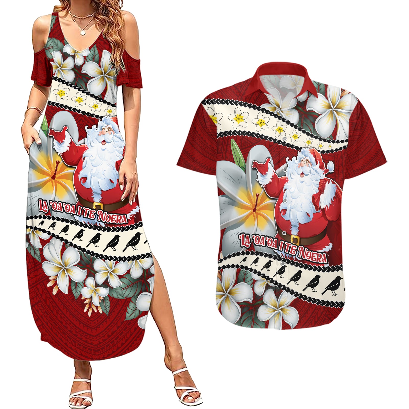 Personalised Tahiti Christmas Couples Matching Summer Maxi Dress and Hawaiian Shirt Tiare Flowers and Pomarea Nigra with Polynesian Pattern LT03 Red - Polynesian Pride