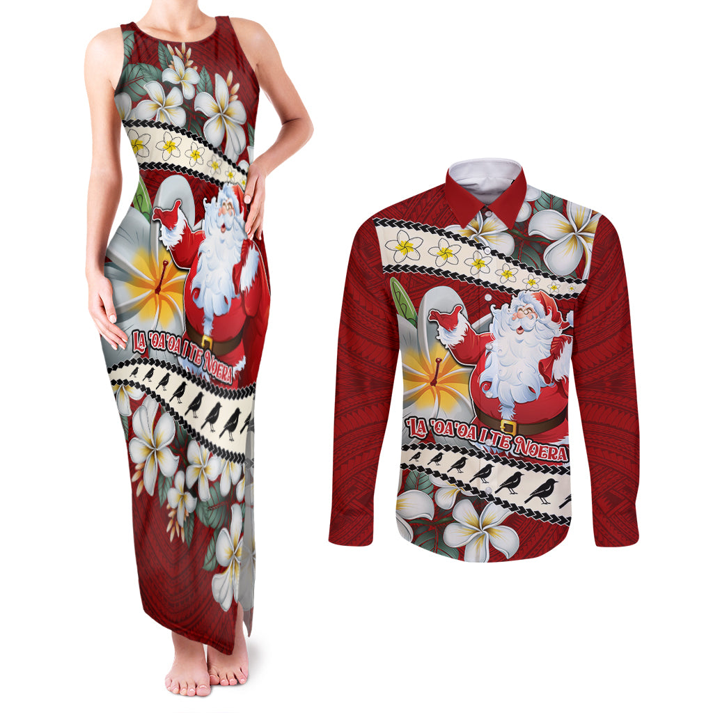 Personalised Tahiti Christmas Couples Matching Tank Maxi Dress and Long Sleeve Button Shirt Tiare Flowers and Pomarea Nigra with Polynesian Pattern LT03 Red - Polynesian Pride