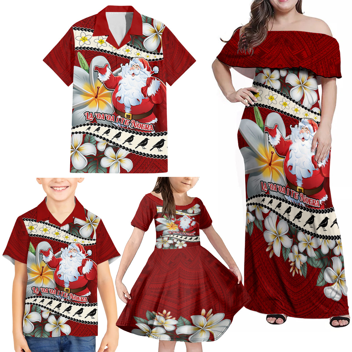 Personalised Tahiti Christmas Family Matching Off Shoulder Maxi Dress and Hawaiian Shirt Tiare Flowers and Pomarea Nigra with Polynesian Pattern LT03 - Polynesian Pride