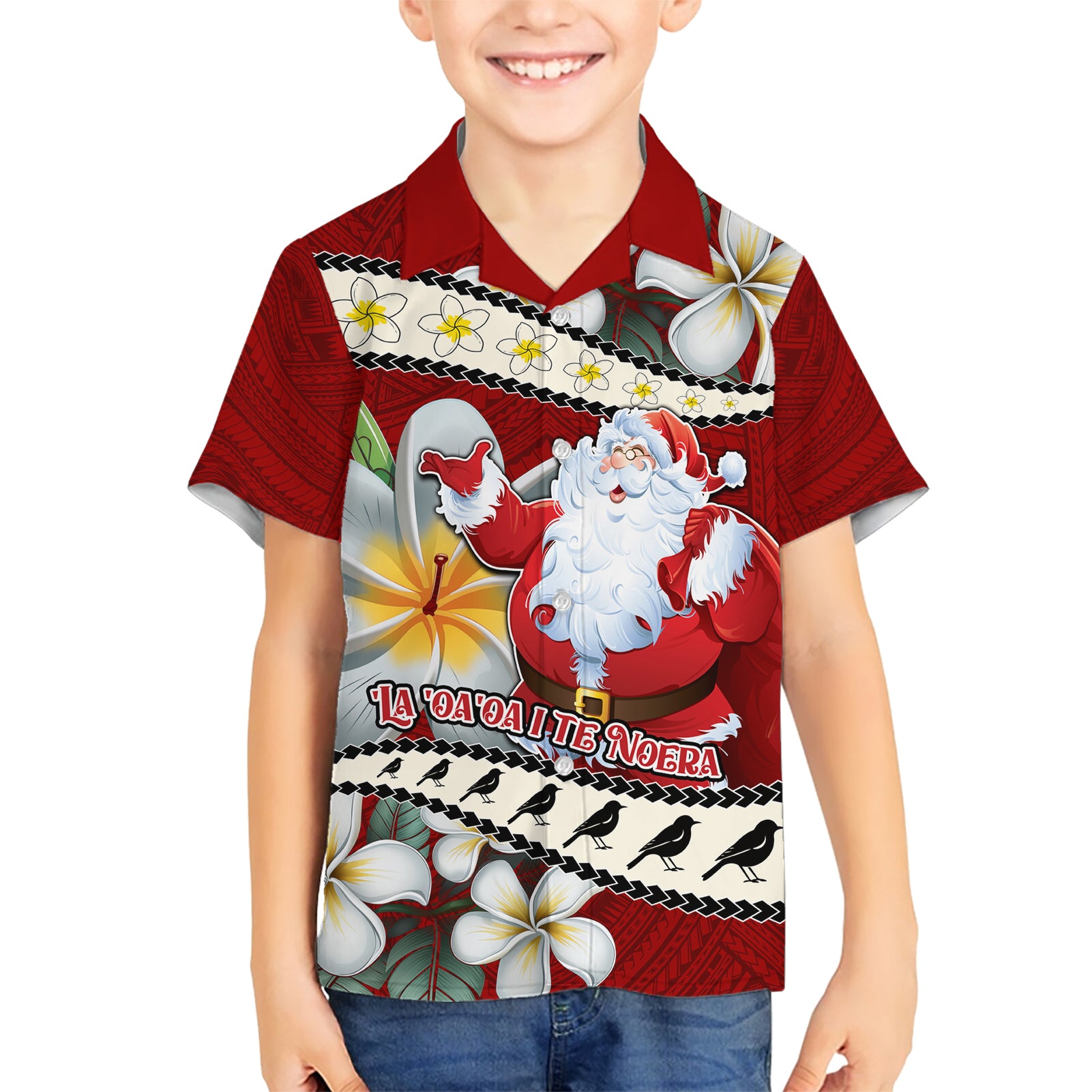 Personalised Tahiti Christmas Kid Hawaiian Shirt Tiare Flowers and Pomarea Nigra with Polynesian Pattern LT03 Kid Red - Polynesian Pride