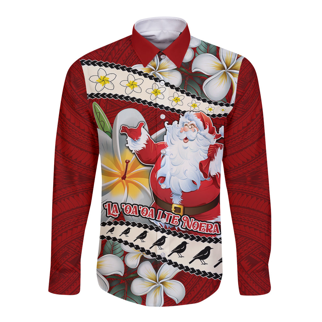 Personalised Tahiti Christmas Long Sleeve Button Shirt Tiare Flowers and Pomarea Nigra with Polynesian Pattern LT03 Unisex Red - Polynesian Pride