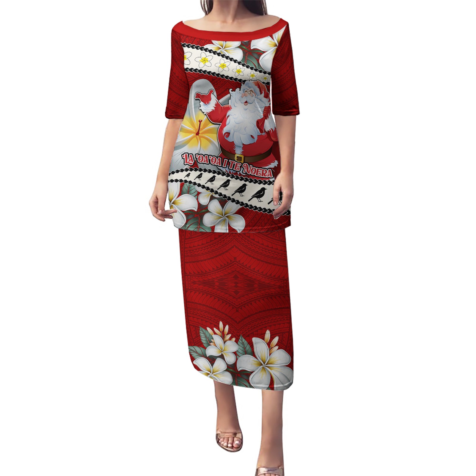 Personalised Tahiti Christmas Puletasi Tiare Flowers and Pomarea Nigra with Polynesian Pattern LT03 Long Dress Red - Polynesian Pride