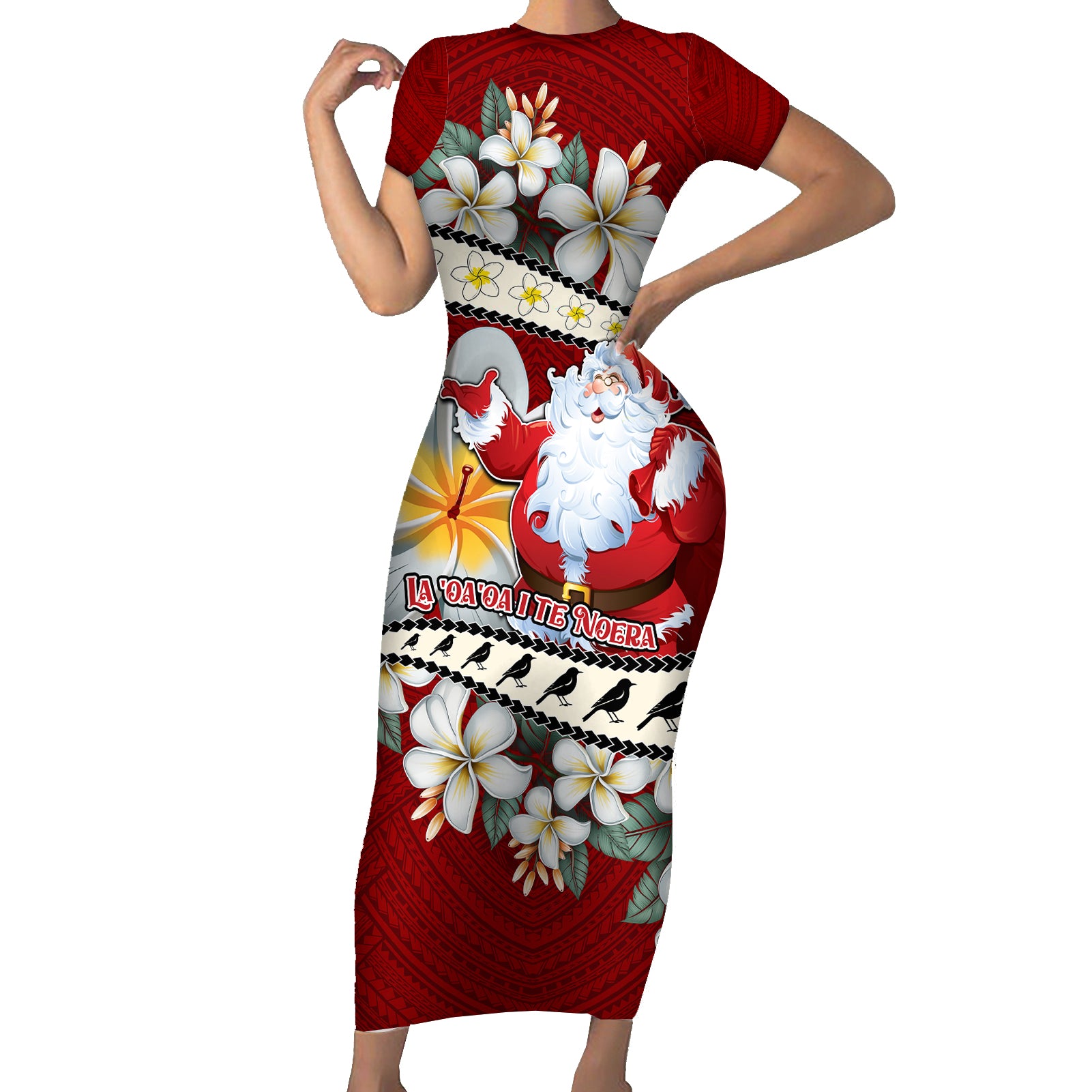 Personalised Tahiti Christmas Short Sleeve Bodycon Dress Tiare Flowers and Pomarea Nigra with Polynesian Pattern LT03 Long Dress Red - Polynesian Pride