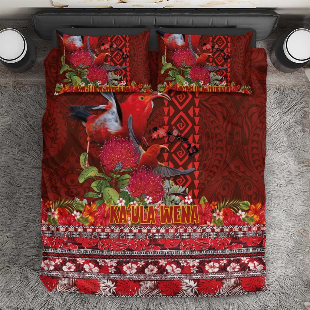 Hawaii KaʻUla Wena ʻIʻiwi Bedding Set With Tropical Plants and 'Ohi'a lehua Kakau Art Tattoo